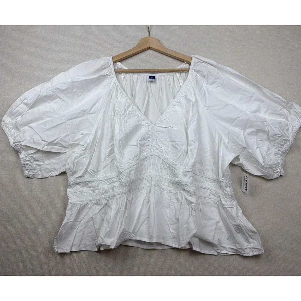 Old Navy Womens Smocked White Peplum Puff Sleeve V-Neck Blouse 3X Cotton Top NWT